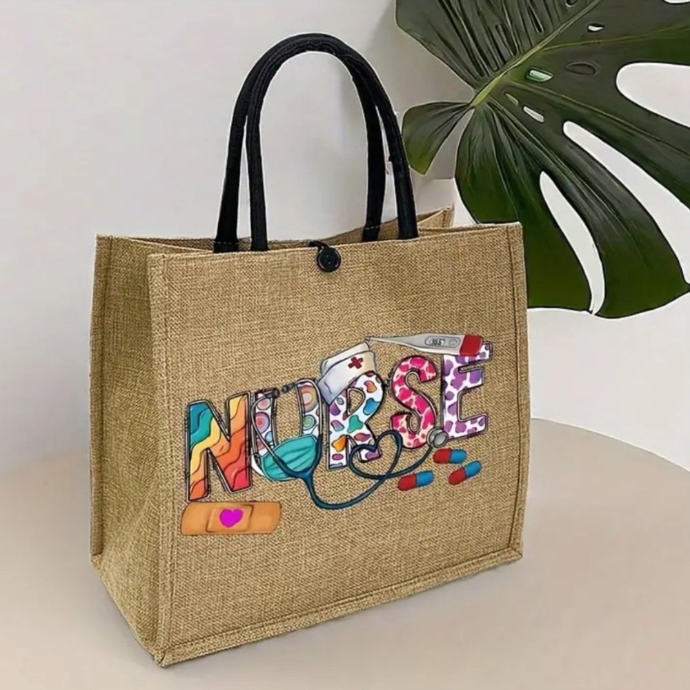 Nurse Graphic Natural Jute Tote Bag with Zip Pouch - Picture 3 of 9